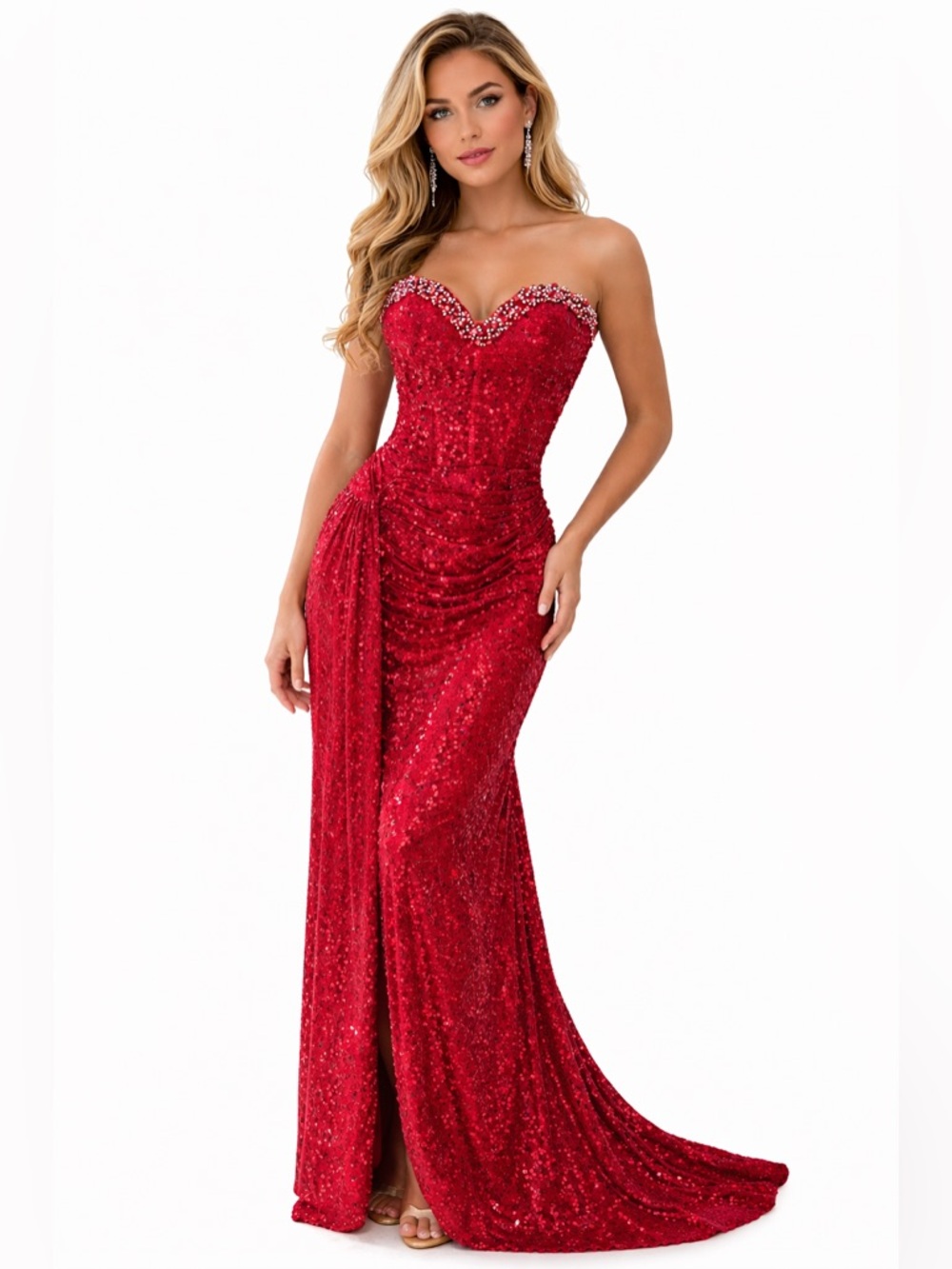 Red Sequin Strapless Corset Gown🔥 Beaded Slit Train Prom Wedding Guest